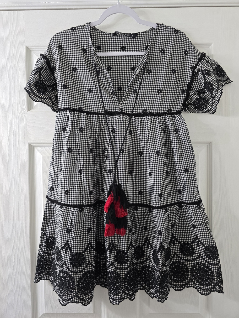 NWOT Zara Black & White Gingham Dress with Embroidered Hem and Tassel Tie - XS